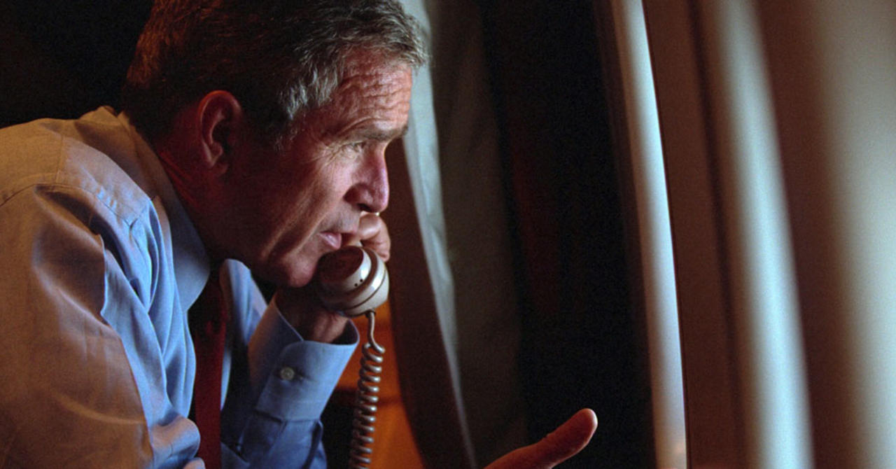 George W. Bush on phone in Air Force One